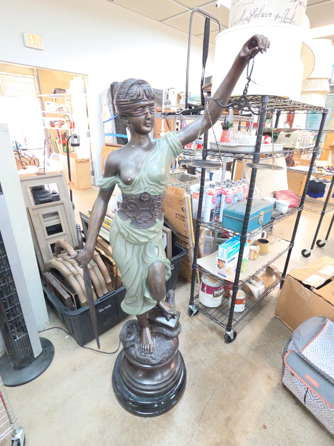 Alois Mayer Blind Justice sculpture photographed in the Tyler Grace working area before catalog cleanup